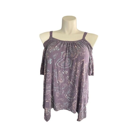 MUDD COLD SHOULDER ASYMMETRICAL HEM TOP BLOUSE PURPLE PAISLEY PRINT - Picture 2 of 9